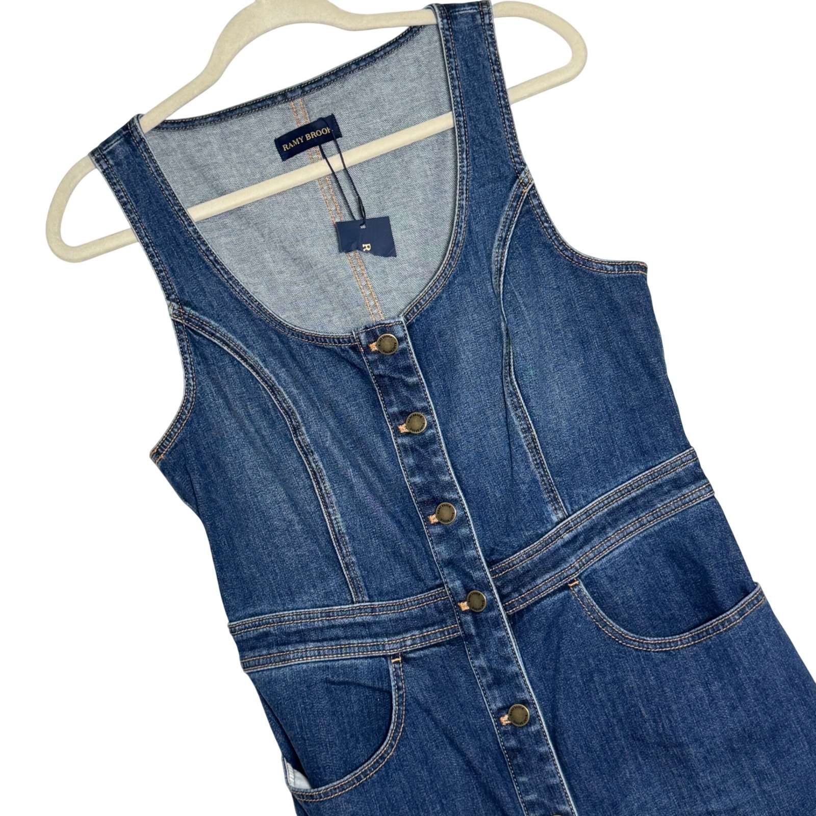 Ramy Brook Denim Maxi Dress Womens 30 Blue Button Front Sleeveless Pockets